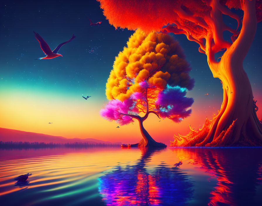 Tranquil lake at sunset with colorful trees and flying birds