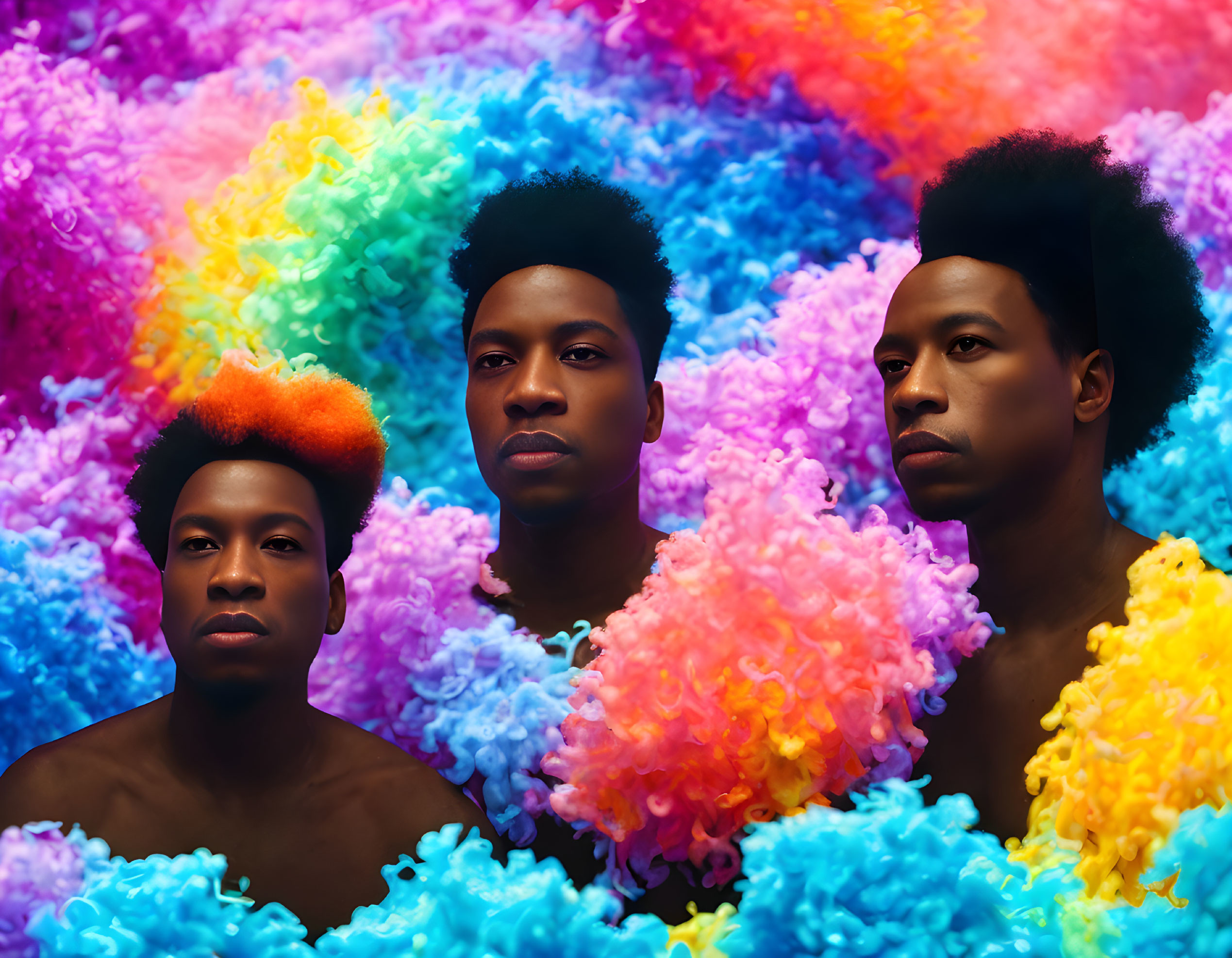 Colorful Afro Hairstyles on Three Individuals Amid Vibrant Clouds