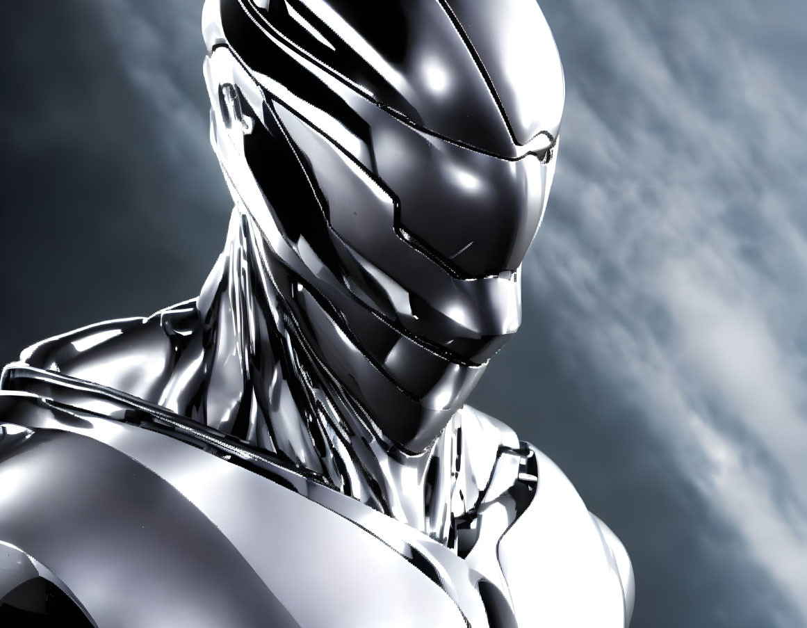 Shiny Silver Humanoid Robot on Abstract Grey Background