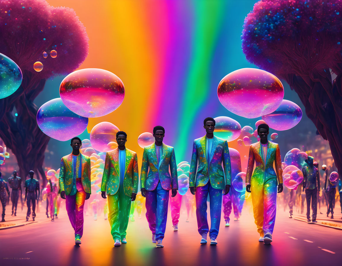 Colorfully dressed figures in surreal landscape with floating bubbles and rainbow sky