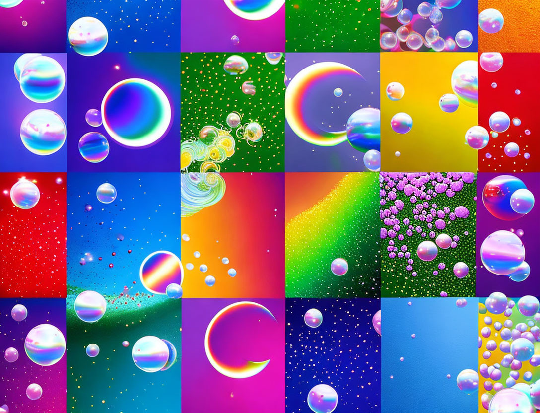 Vibrant Soap Bubble Collage with Rainbow Colors