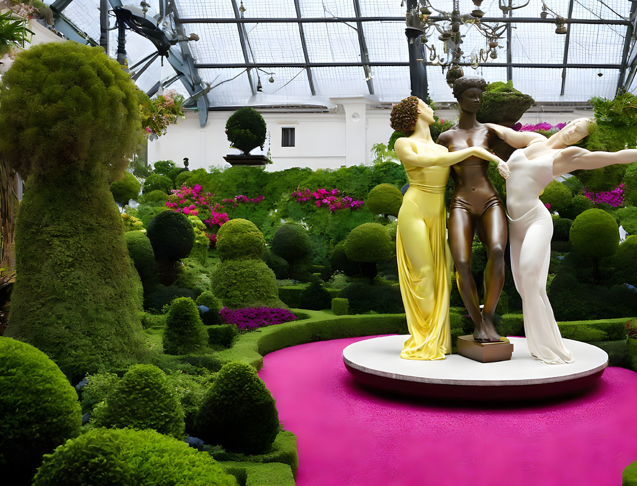 Sculpted topiaries, colorful flowers, and statue in vibrant indoor garden