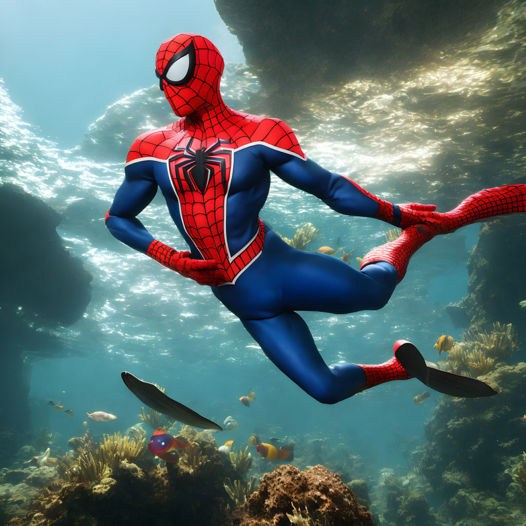 Person in Spider-Man costume underwater with fish and coral