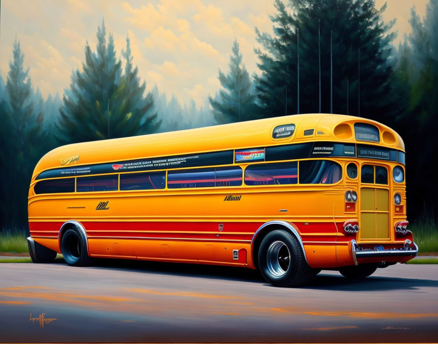 Vintage Yellow-Orange Streamlined Bus with Green Trees and Hazy Background