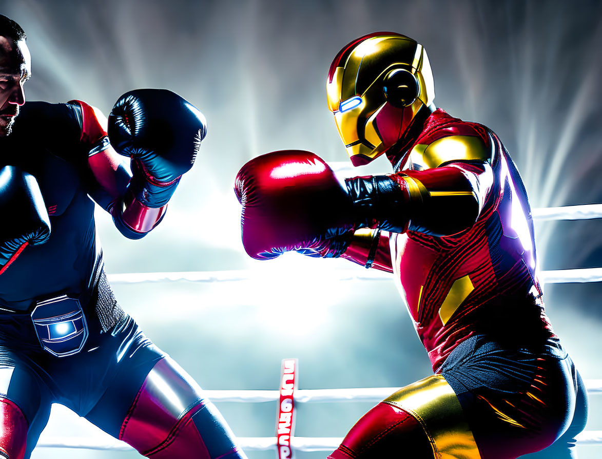 Two individuals in superhero costumes boxing in an illuminated ring