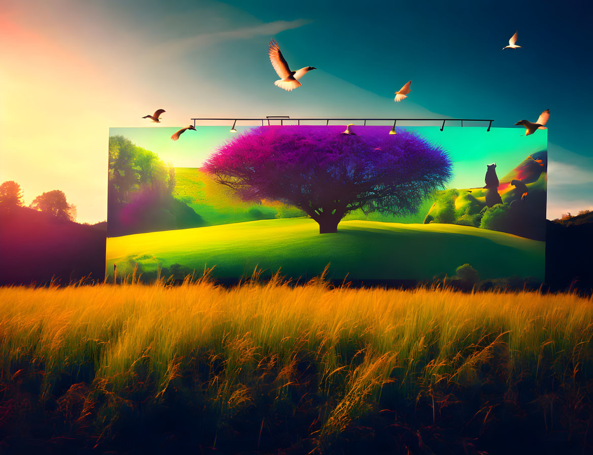 Colorful sunset billboard features tree on lush hill with flying birds