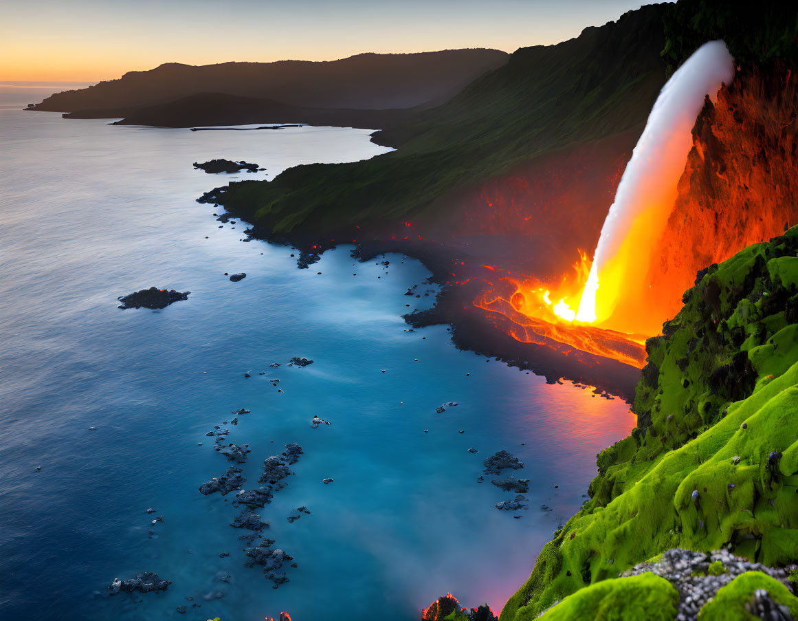 Volcanic eruption with lava flow meeting ocean against twilight sky