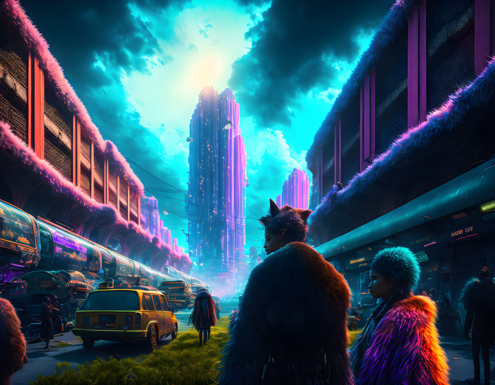 Futuristic cityscape with neon lights, skyscrapers, and stylishly dressed people.