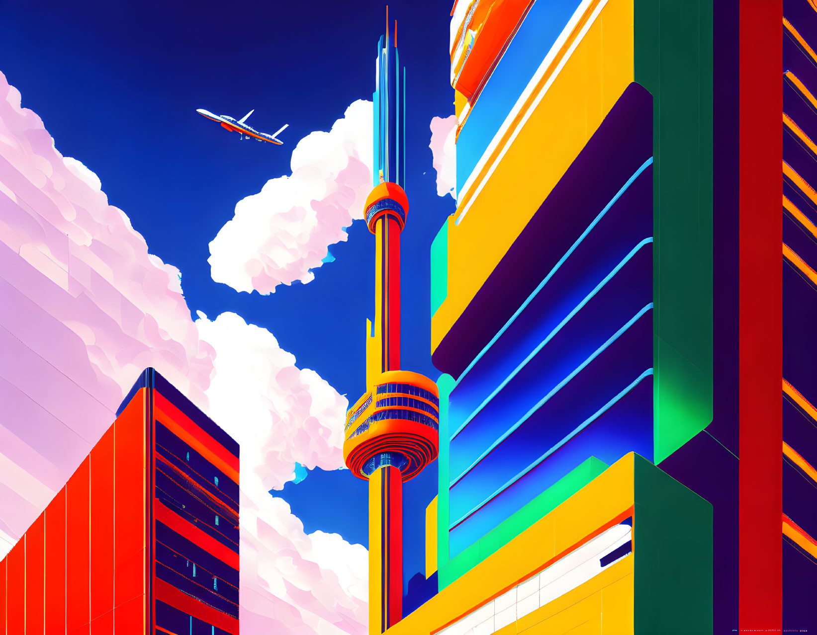 Colorful futuristic cityscape with towering spire and airplane under blue sky