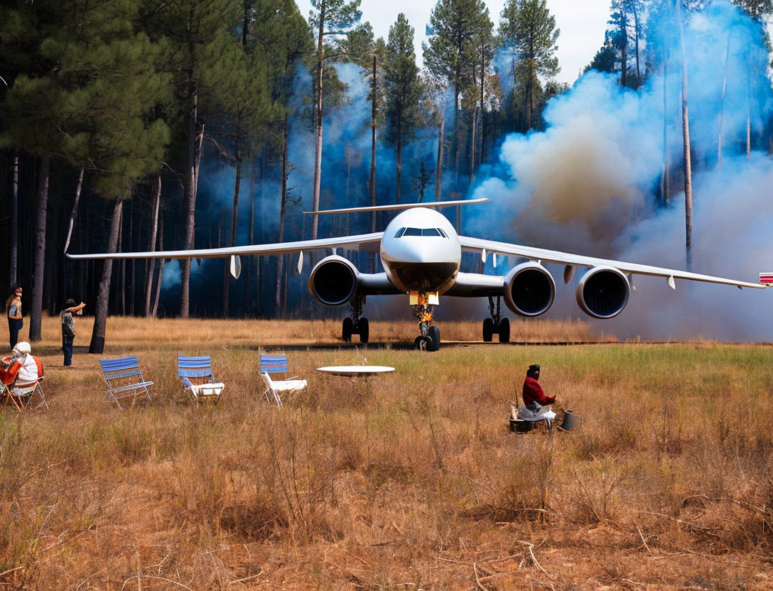 Airplane on grassy field with smoke, people observing