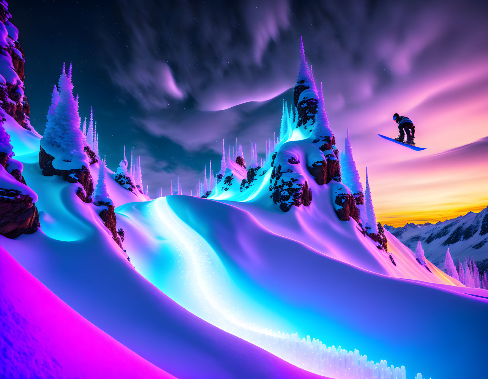 Surreal neon landscape with snowboarder and glowing trees