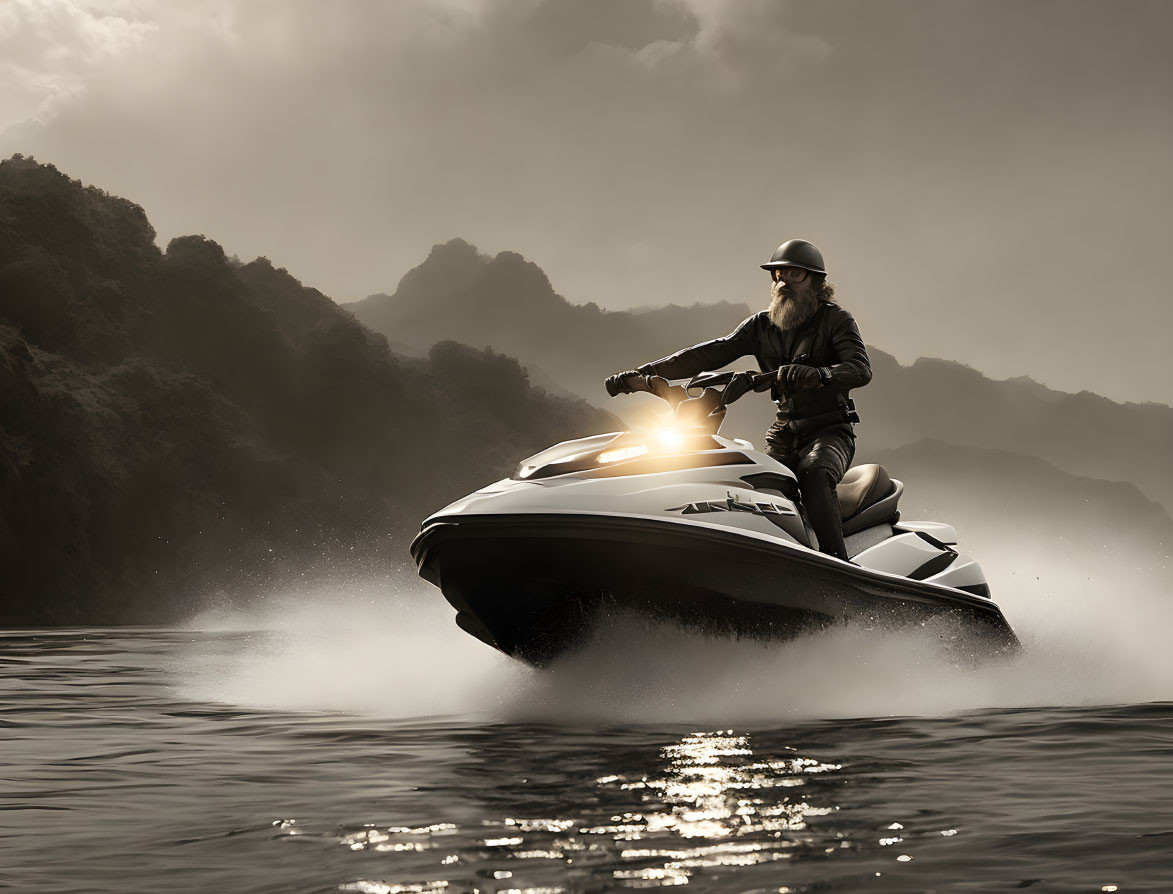 Jet ski rider on water with mountain backdrop under sun glow.