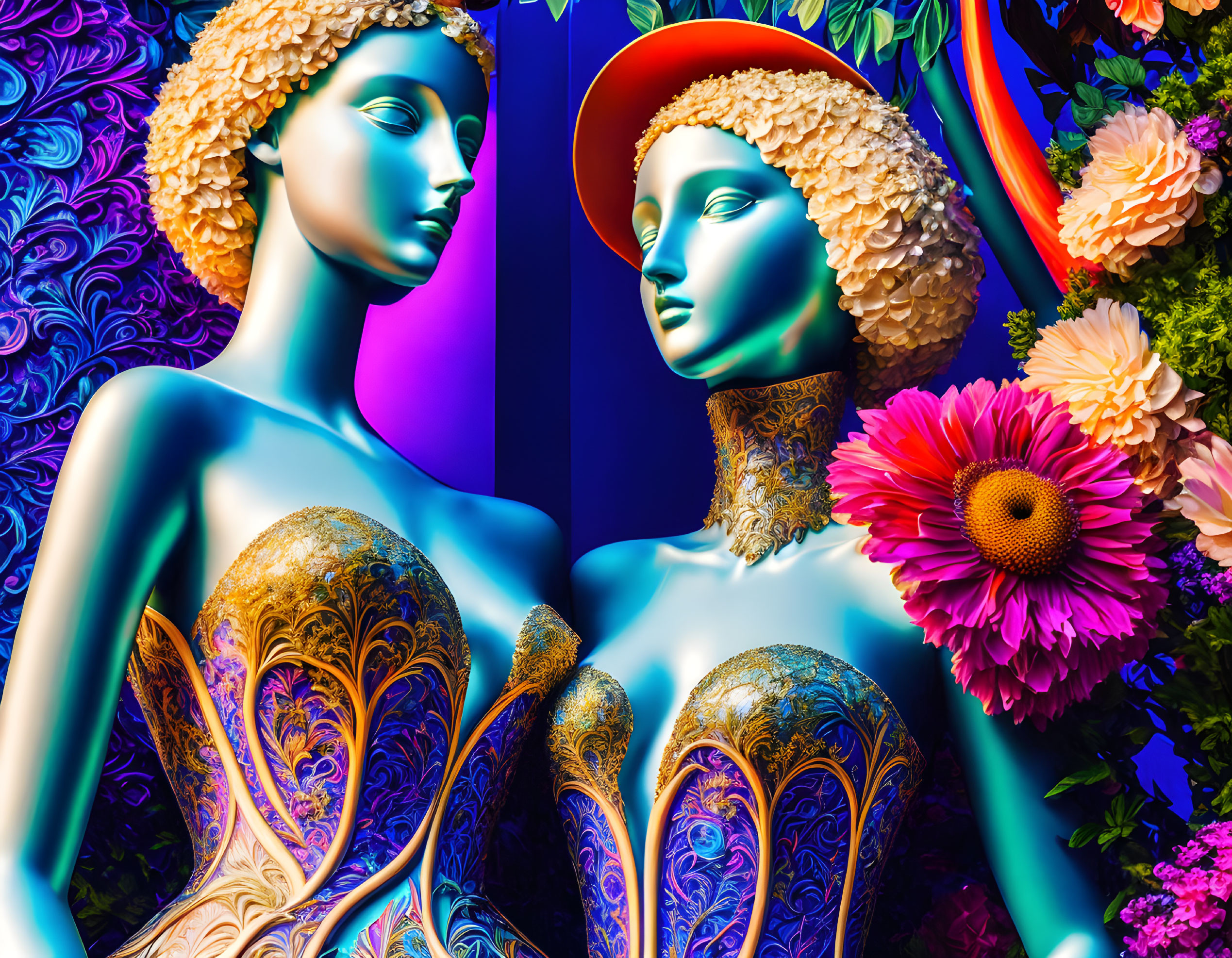 Vibrant mannequins in floral headdresses and gold dresses among colorful backdrop.