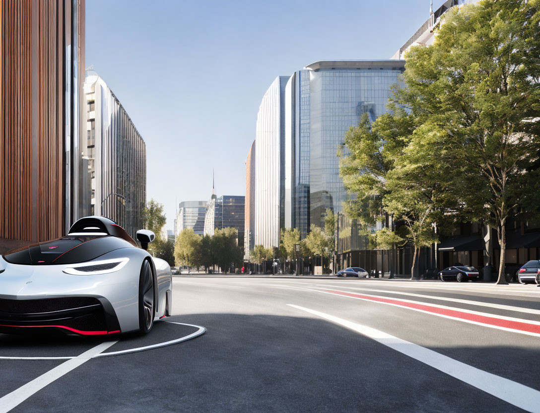 White Sports Car with Black and Red Accents in Urban Setting