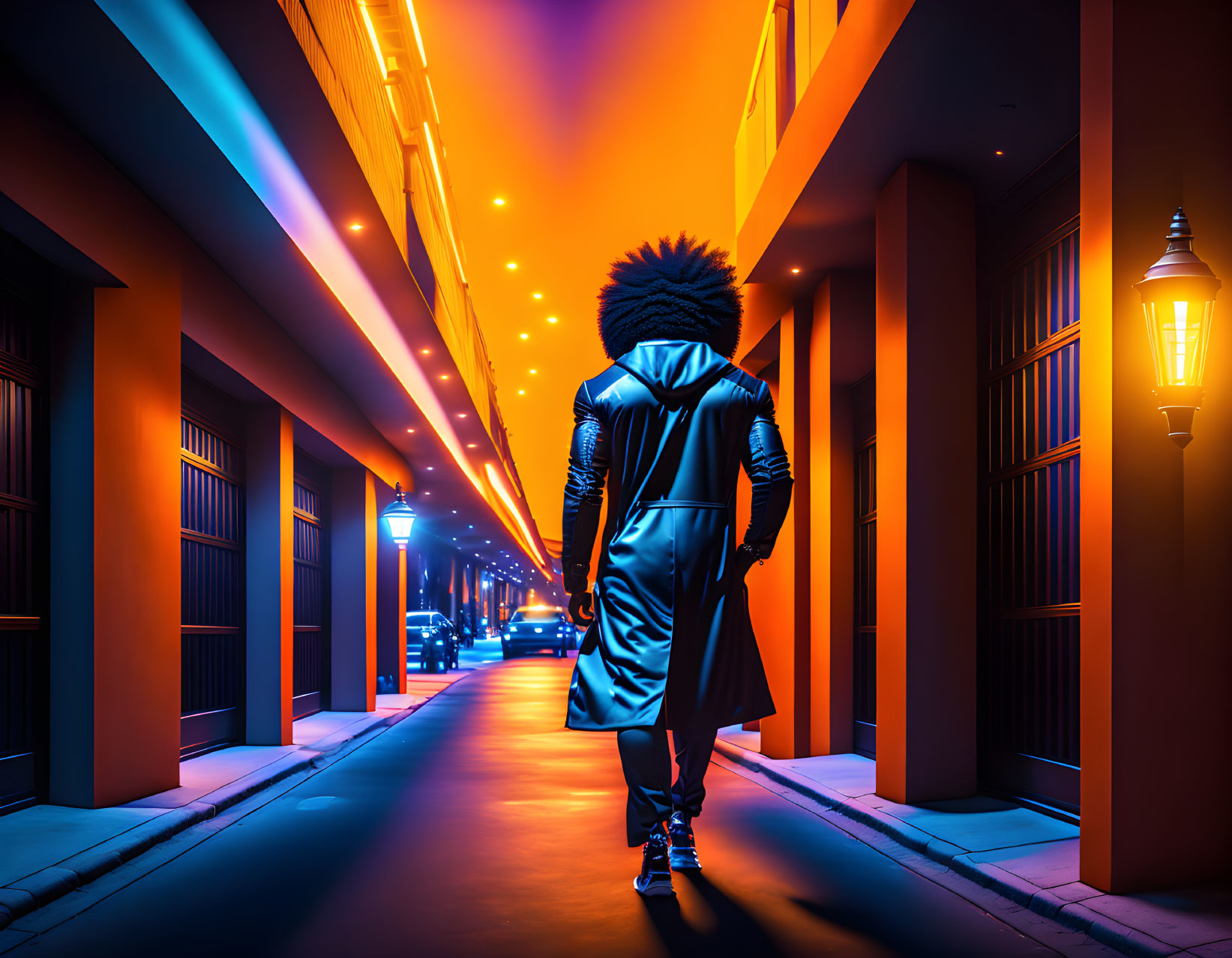 Person with afro in long coat walks neon-lit corridor with columns.