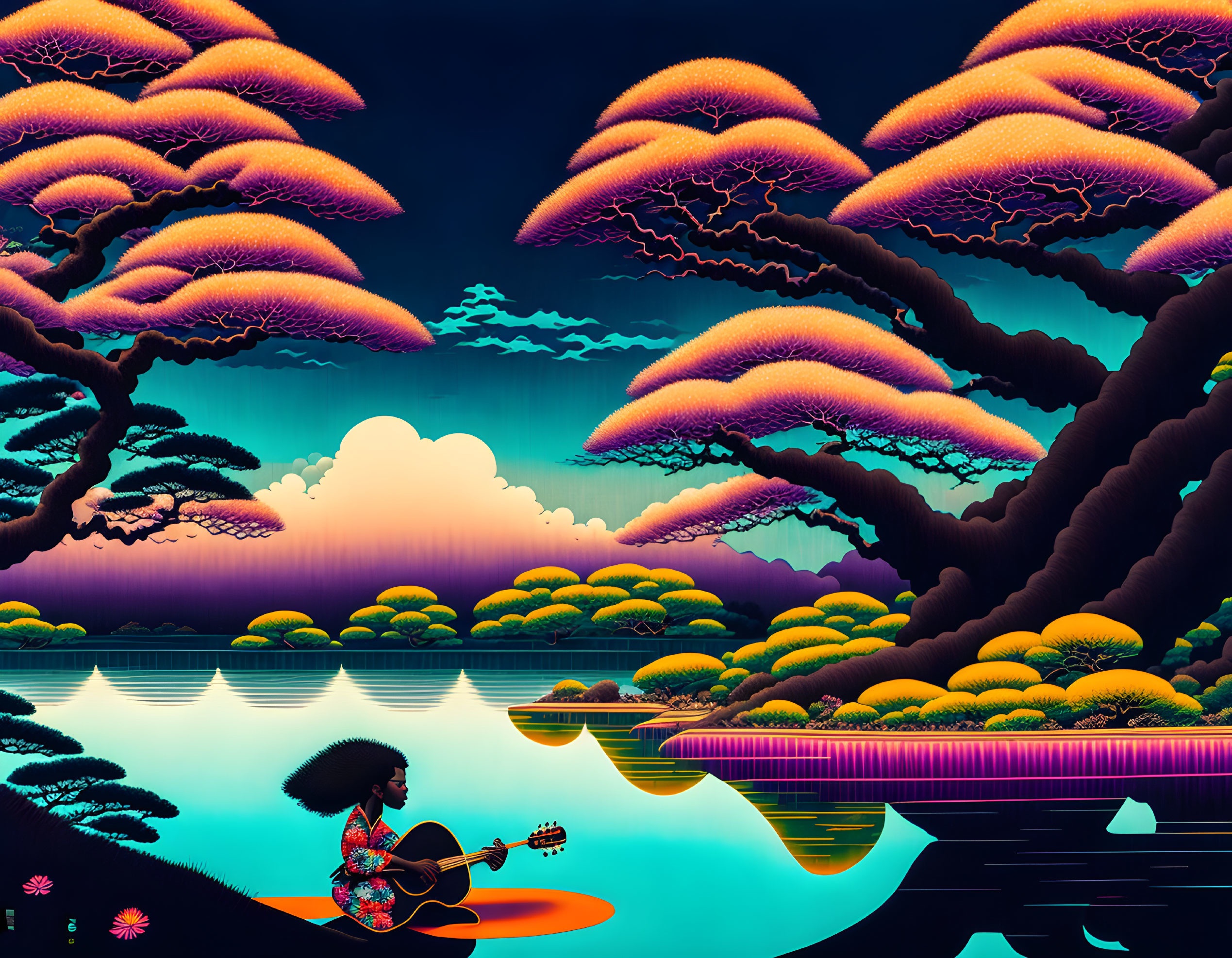 Colorful digital artwork: Person with afro playing guitar in serene, fantastical landscape