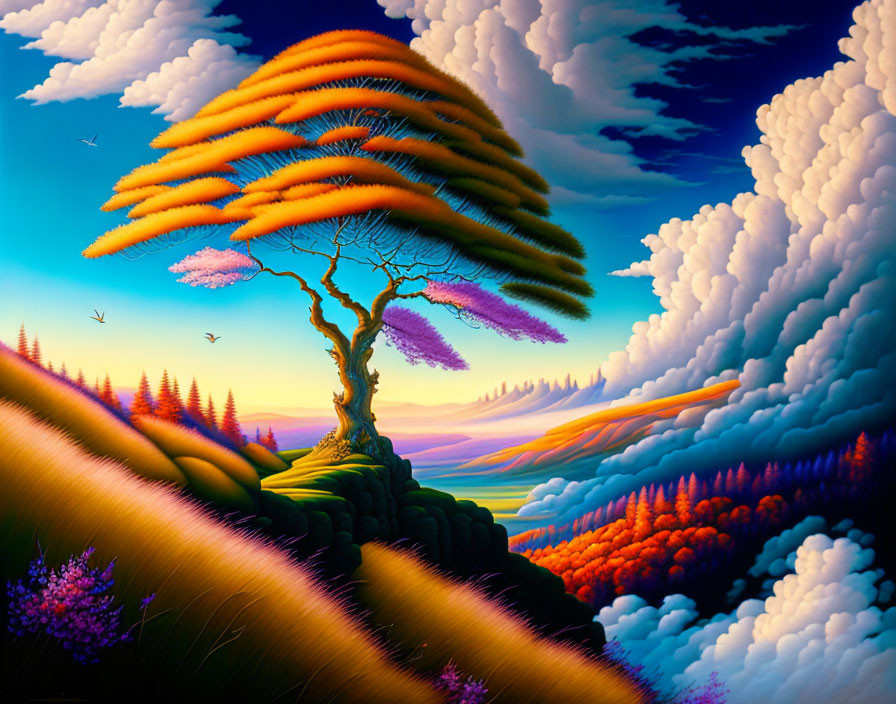 Colorful surreal landscape with whimsical tree and brushstroke branches.