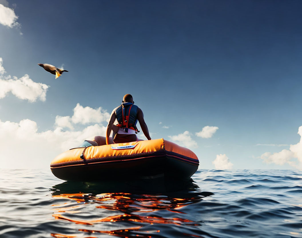 Person in life vest on orange inflatable boat gazes at flying seagull on calm sea.