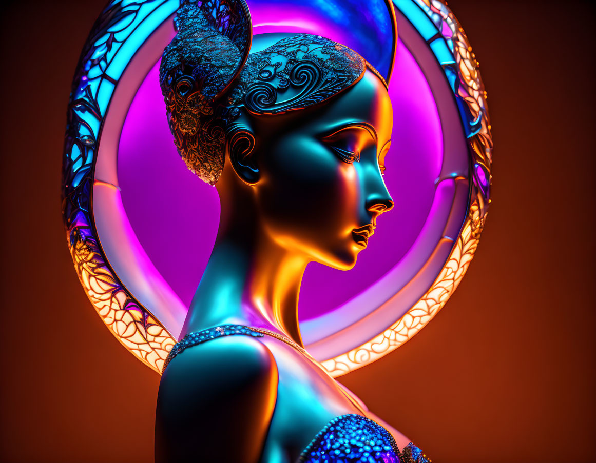 Colorful digital artwork: Woman with intricate patterns on skin against luminous backdrop