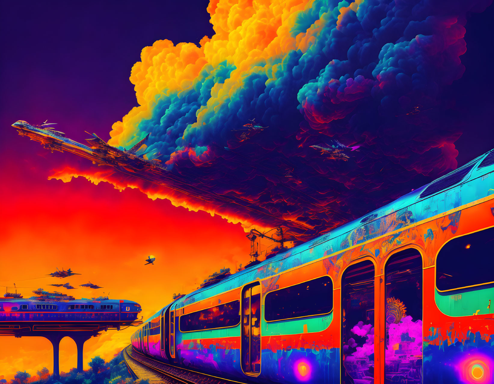 Colorful Train in Surreal Landscape with Fiery Skies and Flying Vehicles