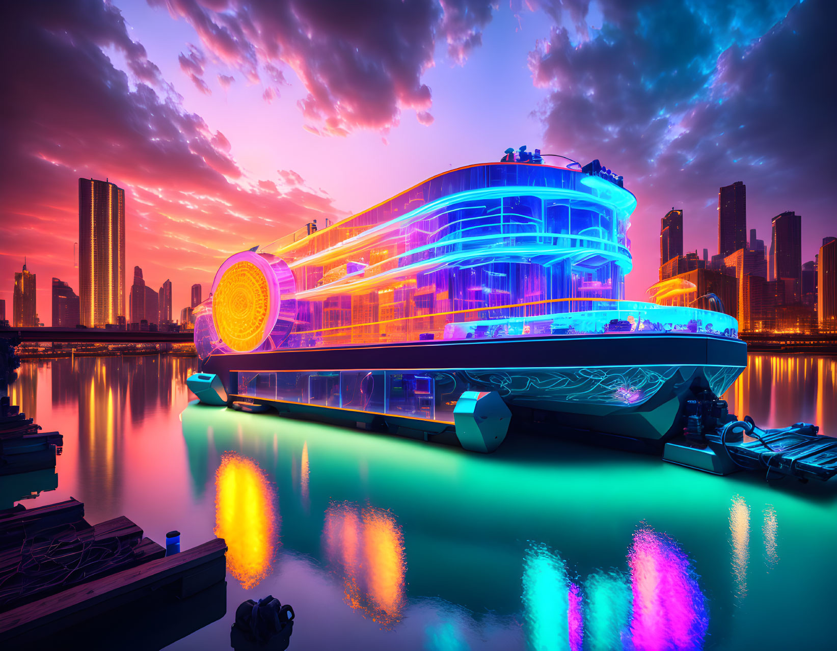 Futuristic cruise ship with vibrant neon lights on water at dusk