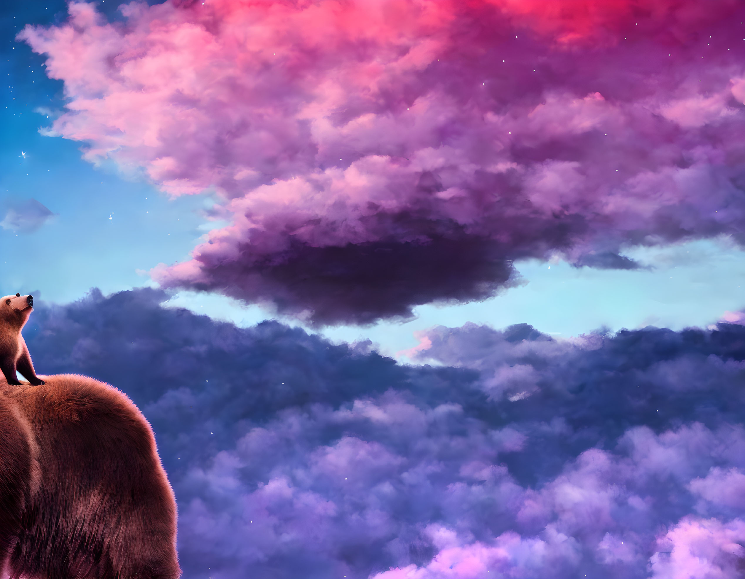 Bear on Hill under Pink and Purple Sky with Whimsical Clouds