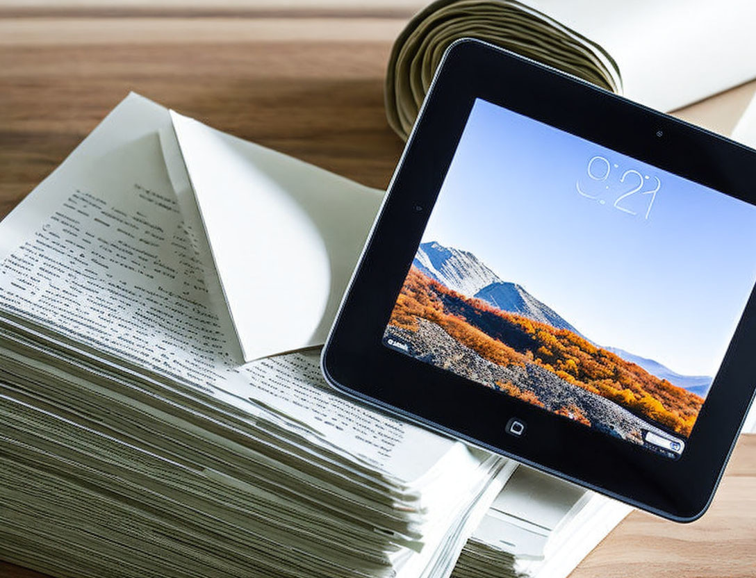 Tablet with mountain wallpaper beside paperwork stack on wooden desk