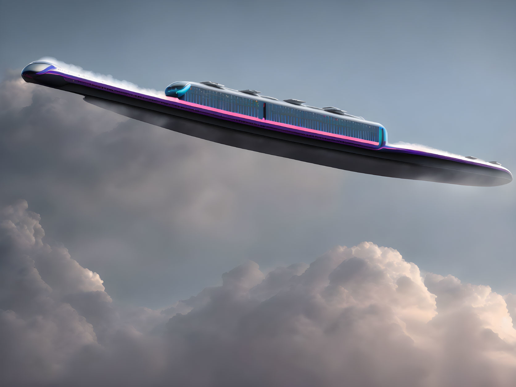 Sleek blue and purple futuristic flying train above clouds