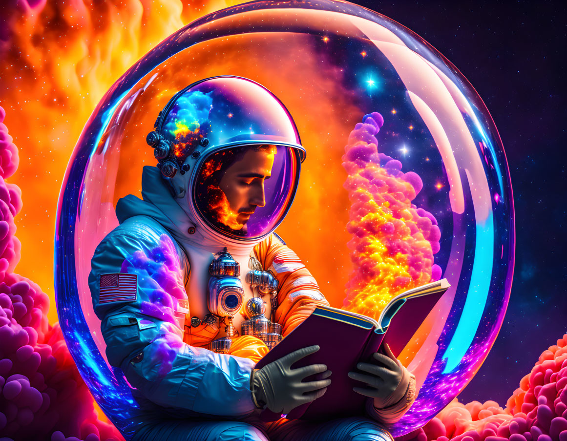 Astronaut reading book in space suit with fiery clouds in helmet