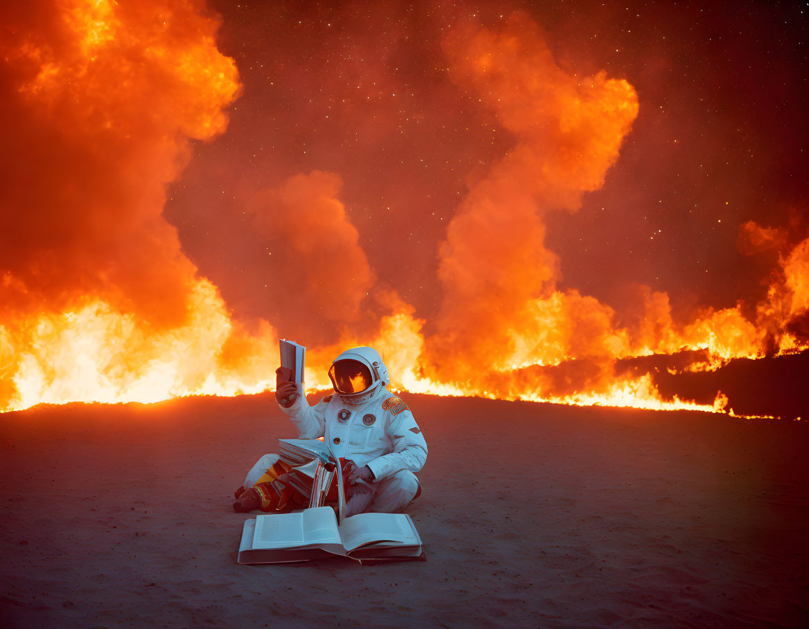 Astronaut reading book on barren landscape with fiery skies