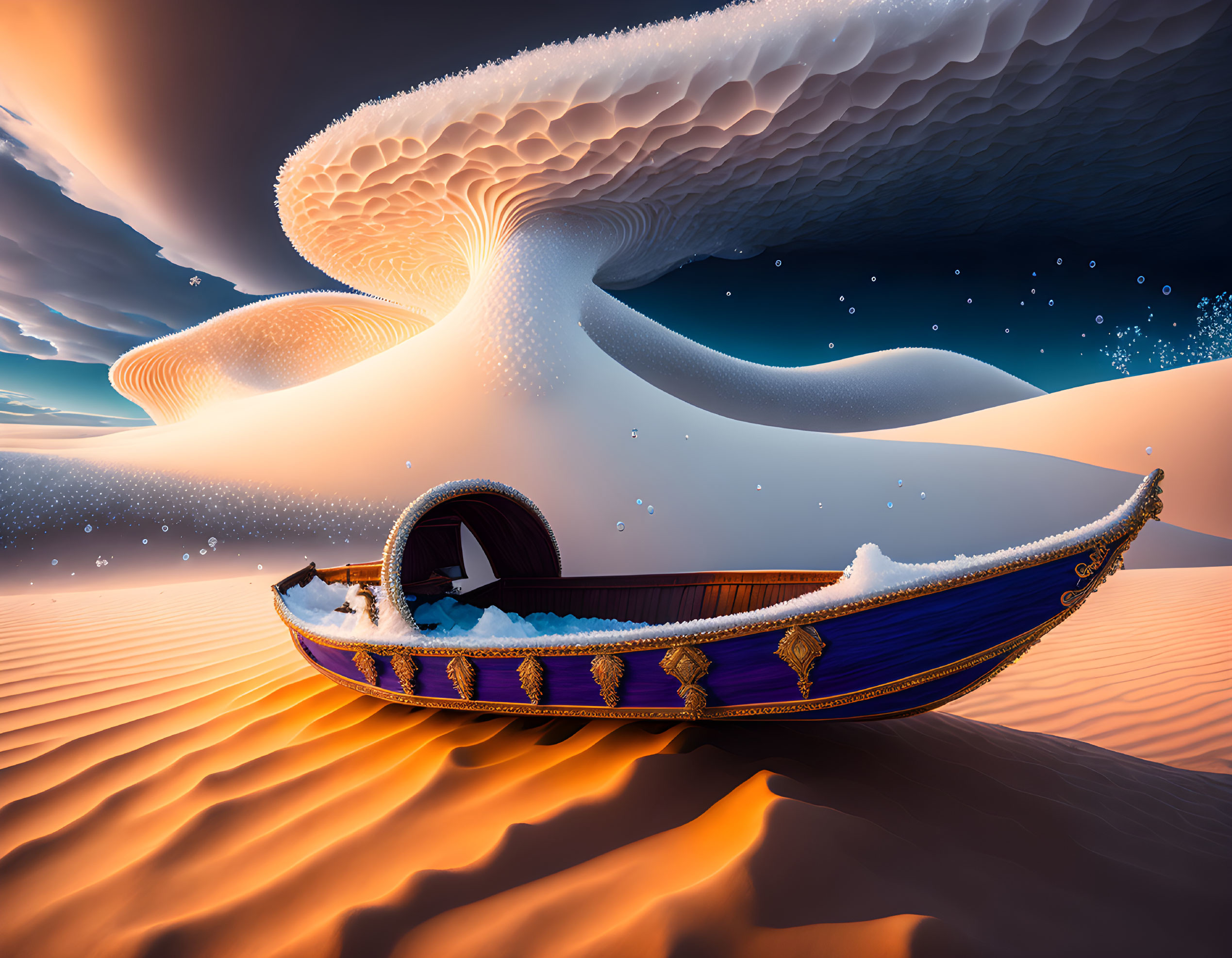 Gilded boat on desert dune under swirling cloud formation