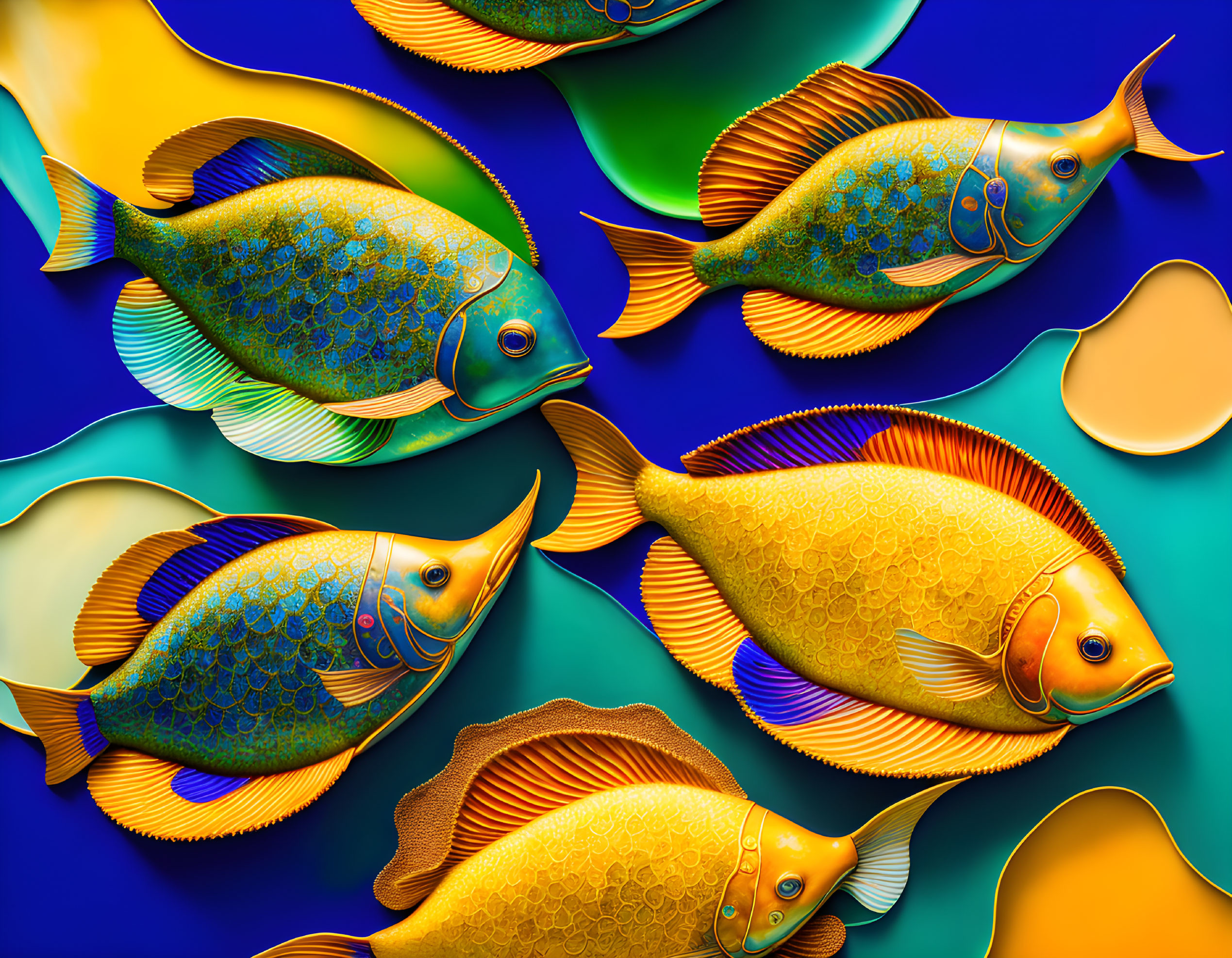 Colorful Digital Tropical Fish Swimming in Blue and Green Background