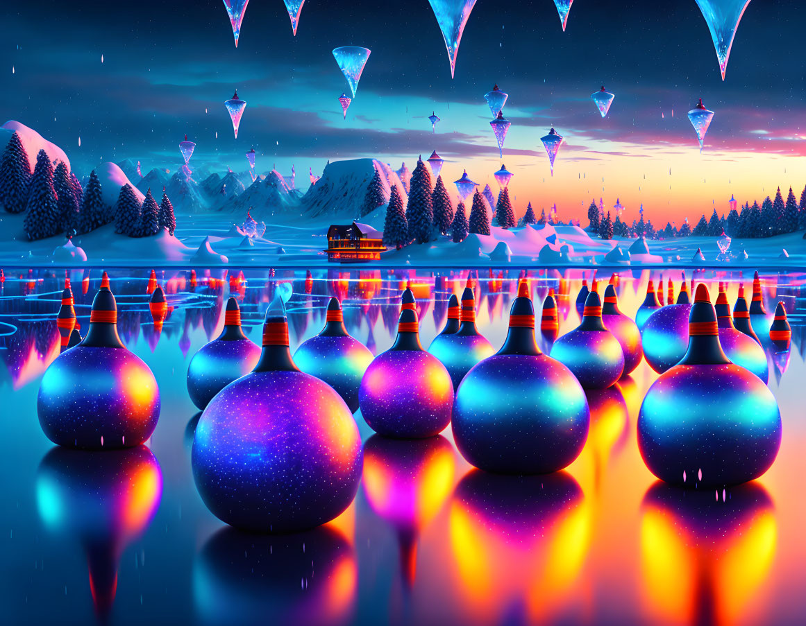 Fantasy landscape with cosmic bowling pins, floating diamonds, pine trees, cabin, dusk sky