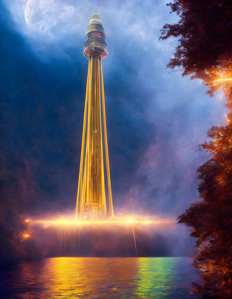 Futuristic tower glowing by lake in mystical forest at night