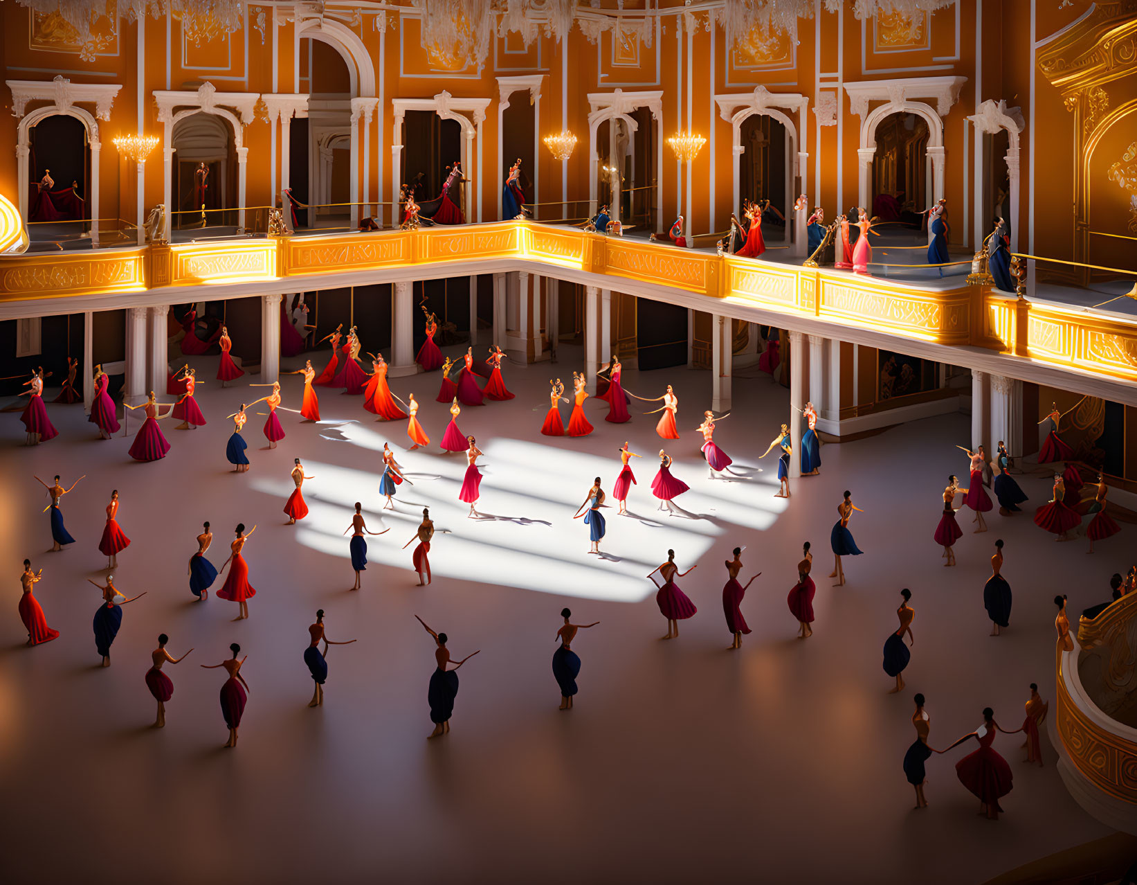 Opulent ballroom scene with couples dancing in formal attire