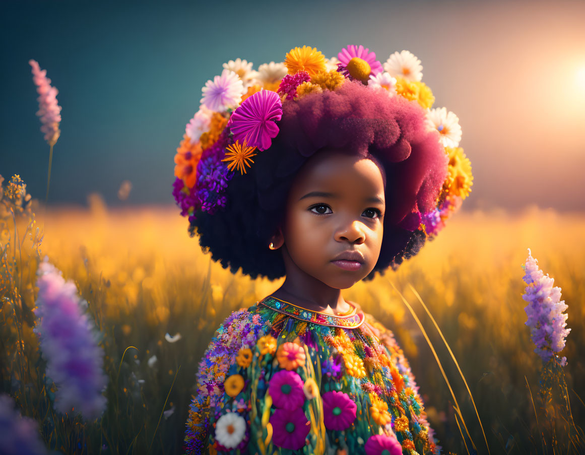 Child with floral crown in colorful dress in sunlit field