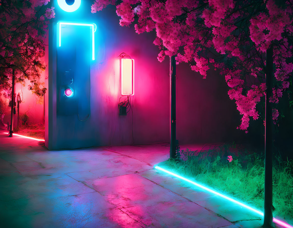 Neon-lit night scene with cherry blossoms and luminous payphone