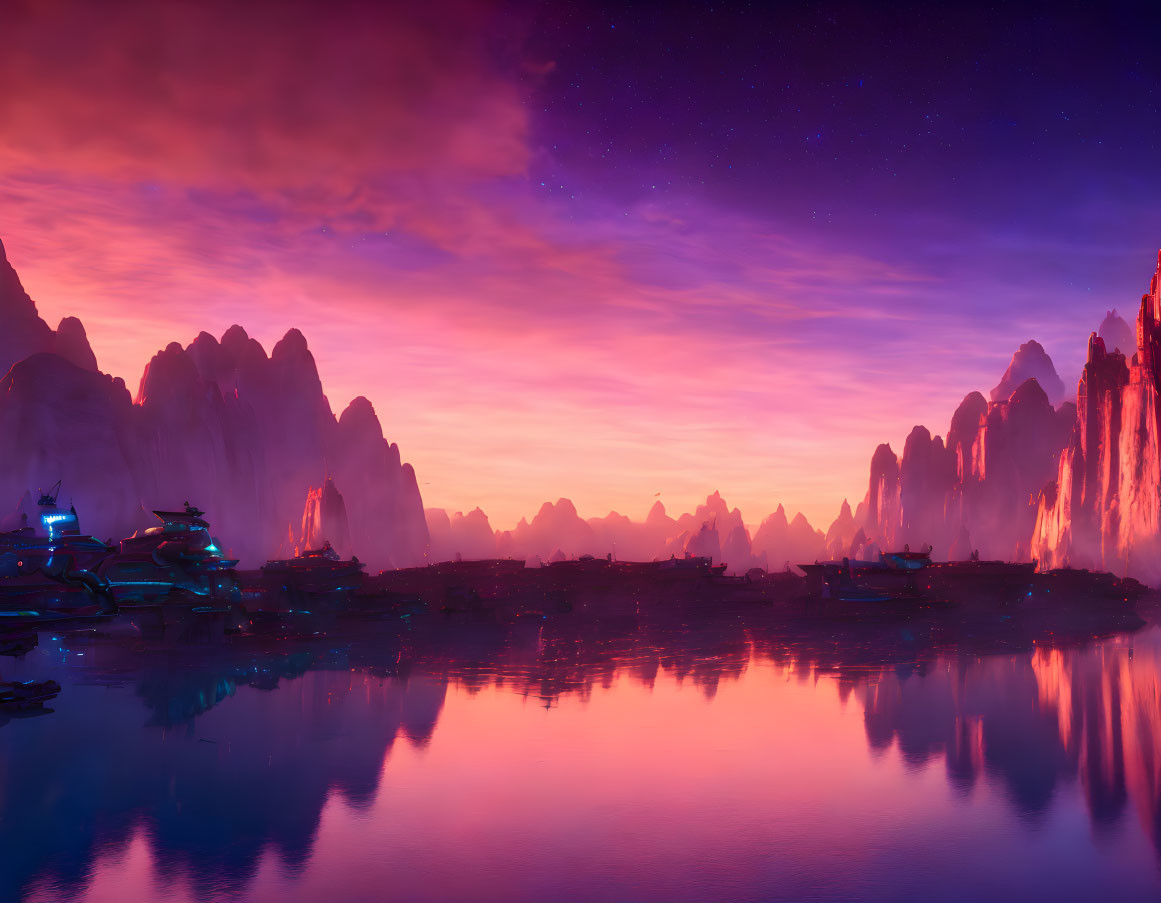 Rocky Formations and Starry Sky Reflected in Serene Water at Dusk or Dawn