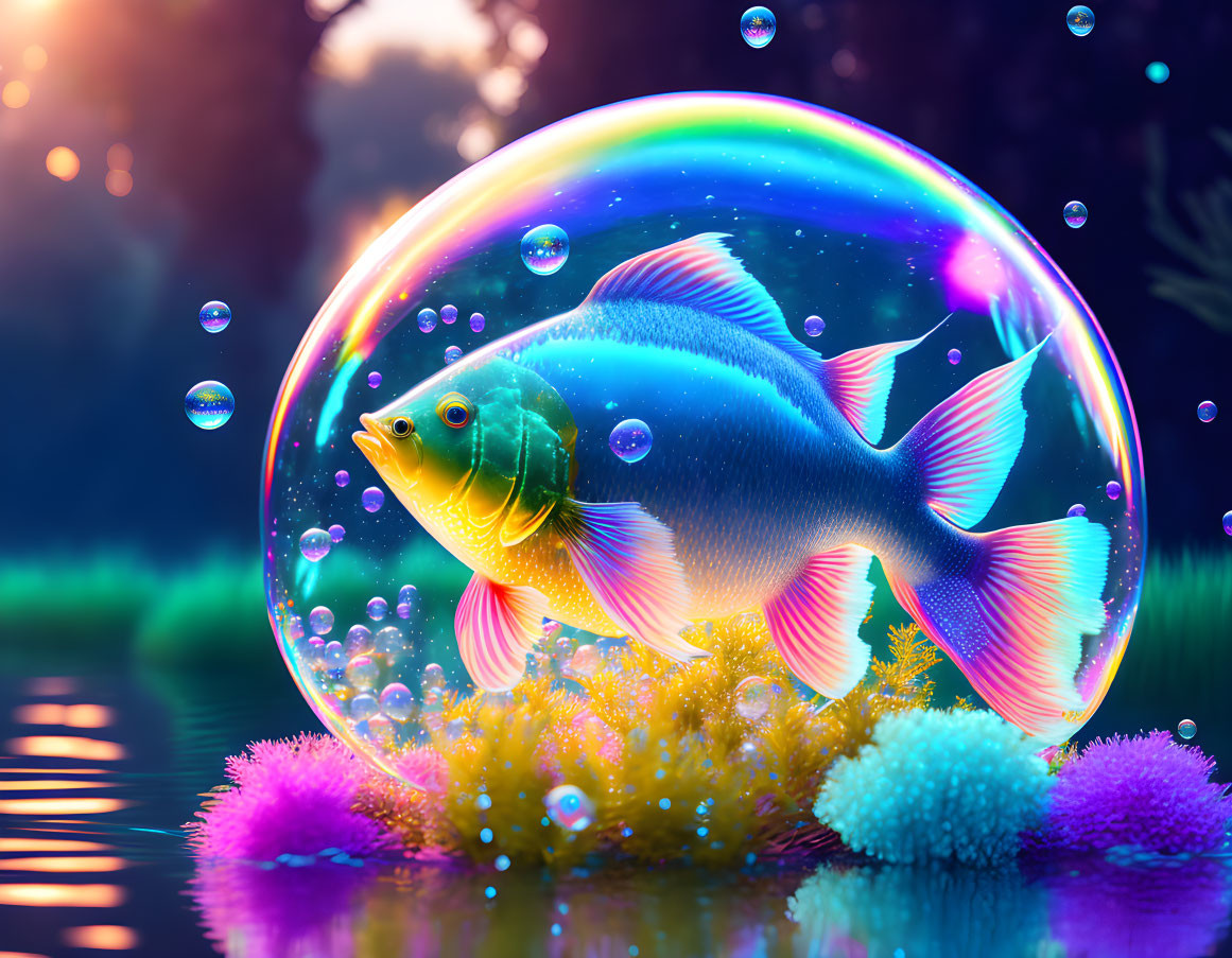 Colorful fish in transparent bubble over coral reef & mystical background