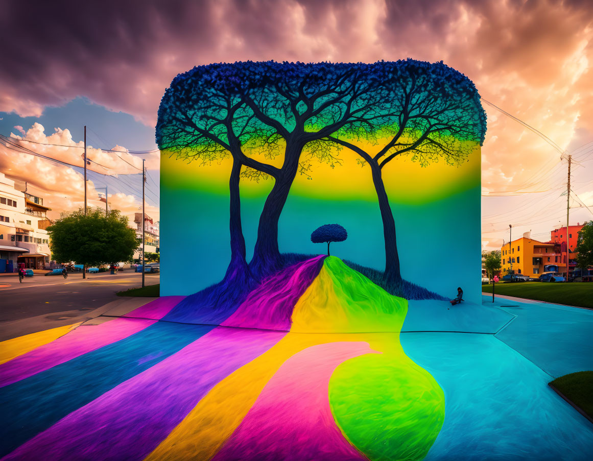 Colorful street mural: Large trees, gradient sky, flowing paths under dramatic sunset