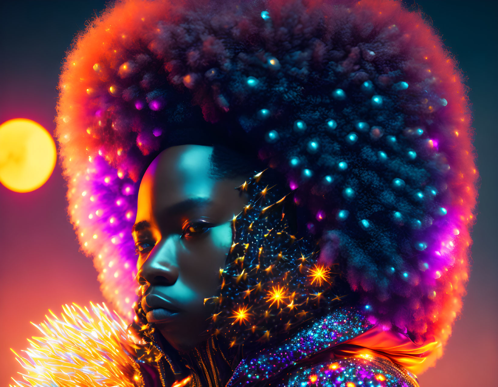 Person with Sparkling Beaded Afro in Shimmering Jacket on Neon Background