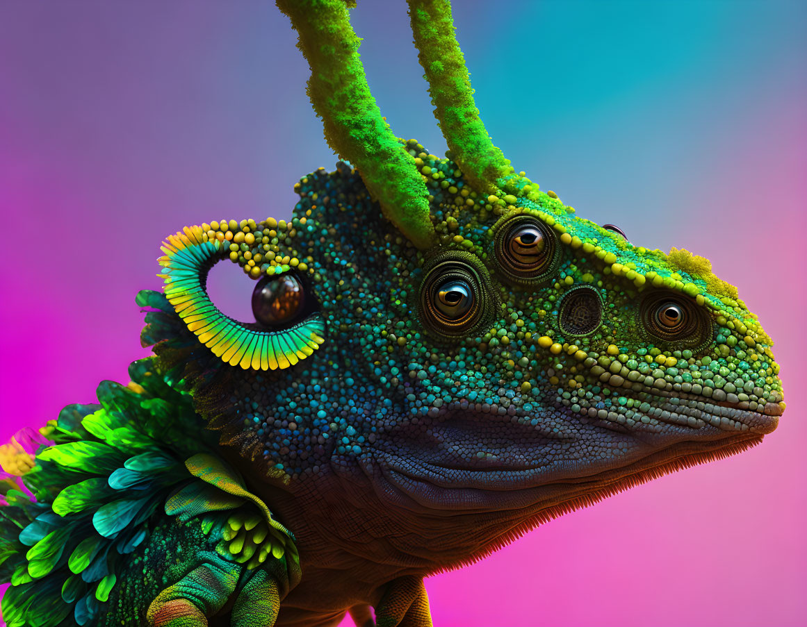 Vibrant chameleon with textured skin on colorful background