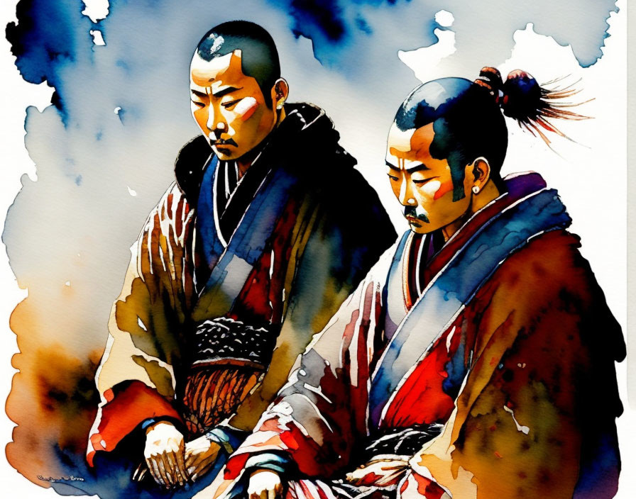 Traditional Japanese attire portrayed in vibrant watercolor style