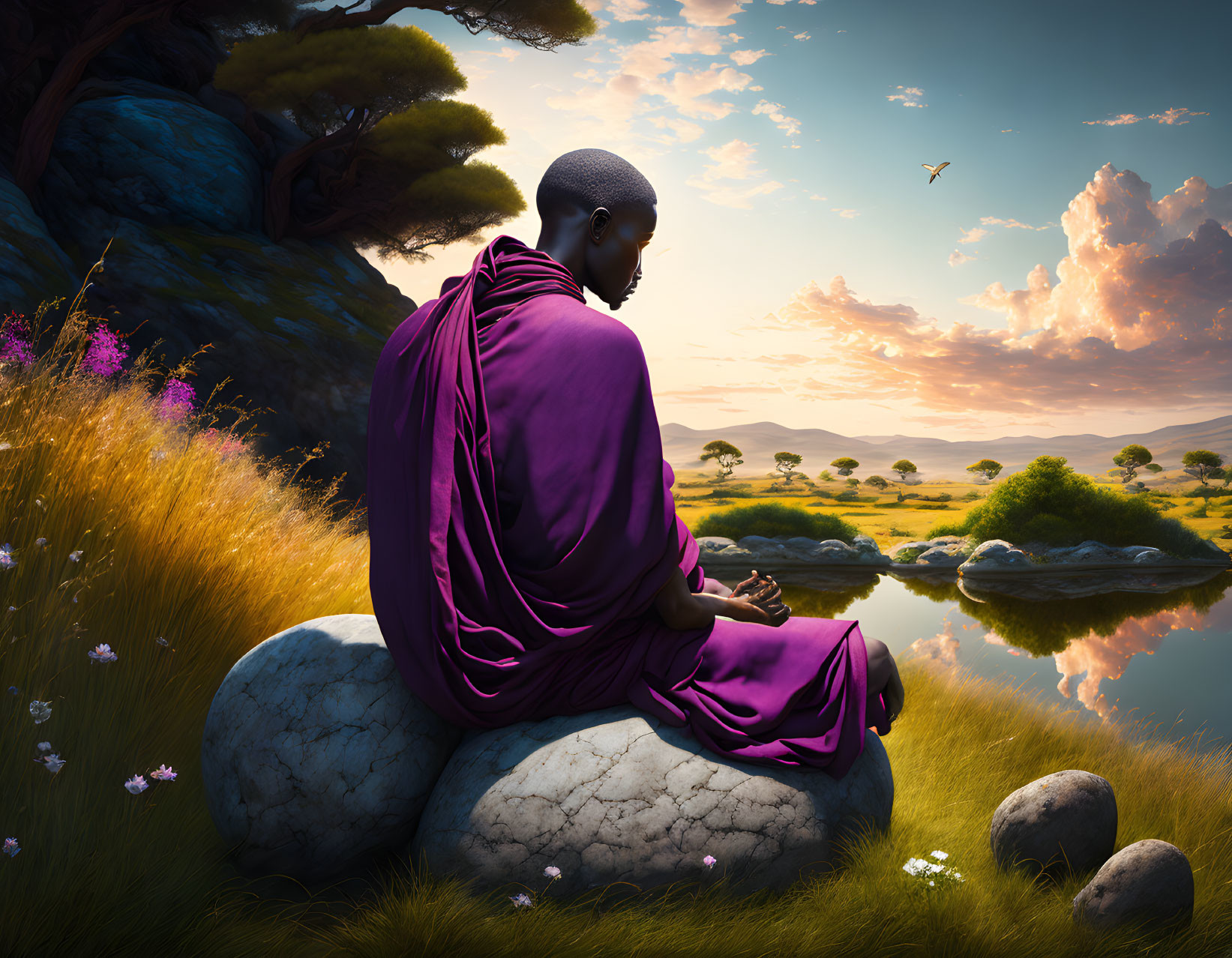 Person meditating in purple robe by tranquil pond in savannah landscape at sunrise or sunset