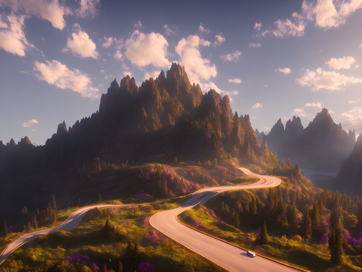 Scenic landscape with winding road, greenery, wildflowers, and mountains