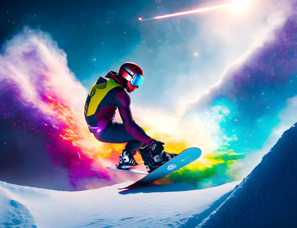 Snowboarder descends vibrant cosmic slope with stars and nebula