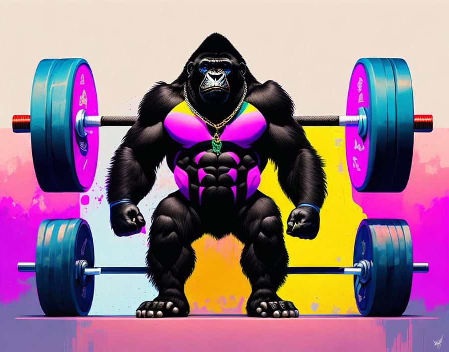 Muscular gorilla lifting barbell in pink tank top on vibrant background