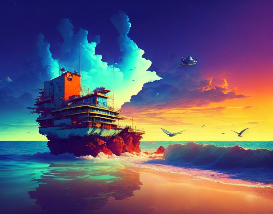 Colorful artwork: Multi-story structure on ocean rock with flying vehicles and birds at sunset