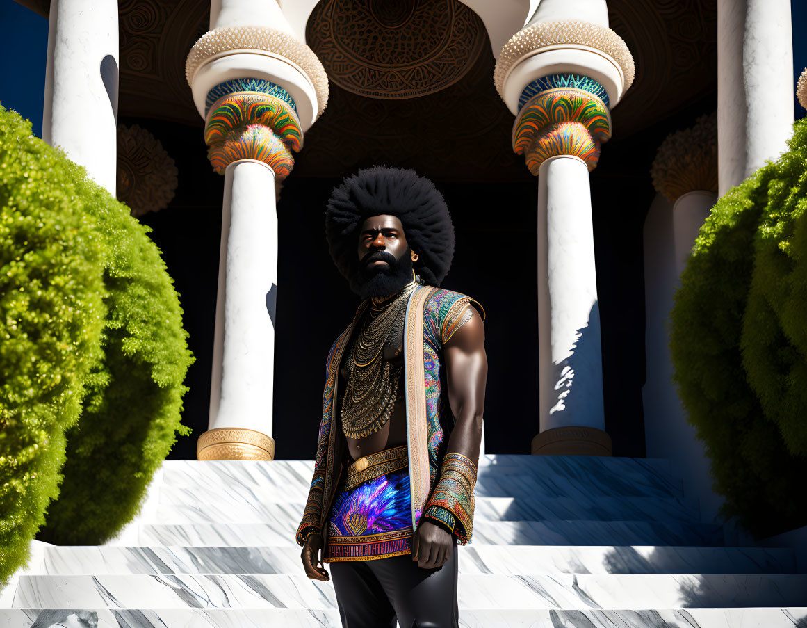 Regal man with afro in traditional attire outside grand building