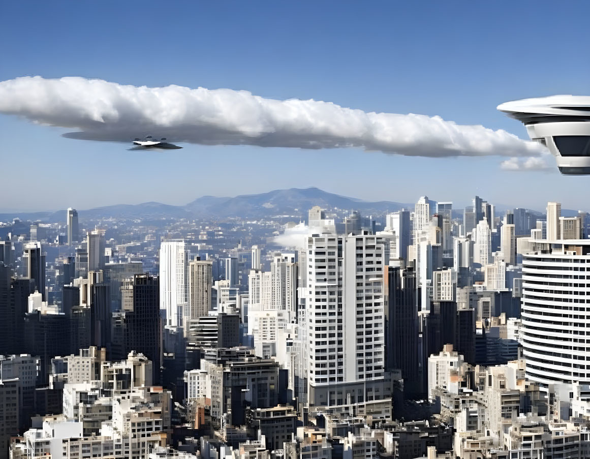 Futuristic cityscape with towering skyscrapers and flying vehicle